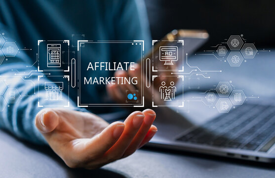 Business person using smartphone with Affiliate Marketing virtual interface, digital strategy, e-commerce referral program, commission income, online advertising and influencer network concept