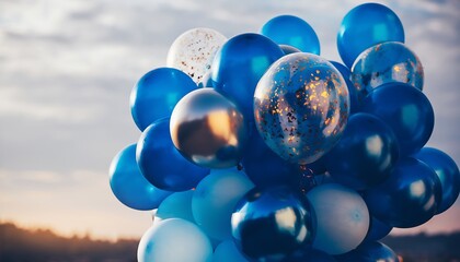Vibrant blue and silver balloons floating against a soft sky background