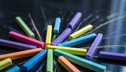 Colorful chalk sticks arranged in a starburst pattern on a dark chalkboard