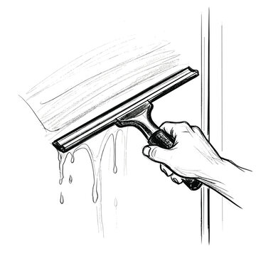 Hand holding squeegee cleaning a window with water dripping down the glass