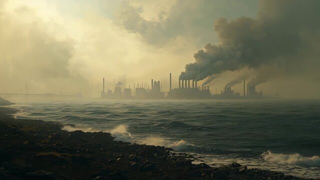 Industrial factory skyline releasing smoke over coastal water under hazy polluted atmosphere
