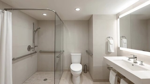 Modern accessible bathroom interior with walk in shower safety rails toilet and clean minimalist design