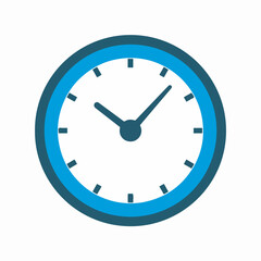 Modern flat design clock icon with blue bezel, hands, and hour markers, symbolizing time, schedule, and deadline.