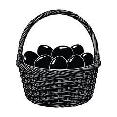Fototapeta premium Black and white illustration of a woven basket filled with dark eggs, perfect for Easter themes