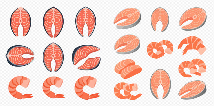 Fresh salmon steaks and shrimp vector illustration set for seafood and healthy eating concepts.