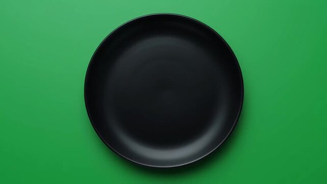 Black plate on green background for culinary presentation