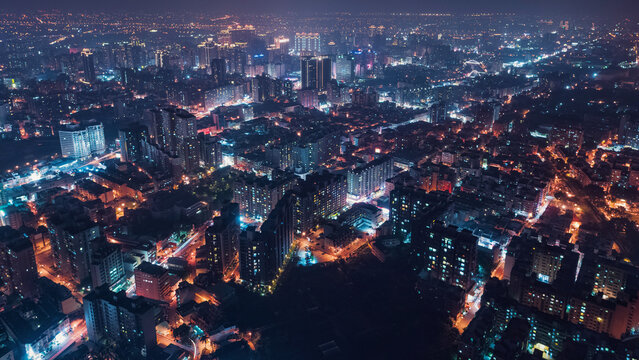 Taoyuan City Skyline Aerial View - Asia modern business city, cityscape (night view) birds eye view use the drone at night, shot in Taoyuan, Taiwan.