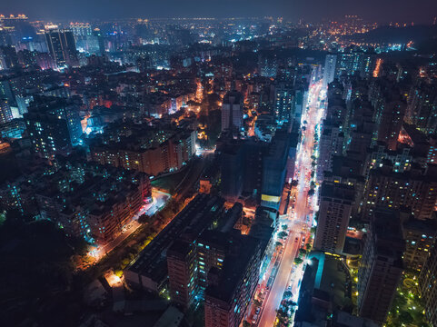 Taoyuan City Skyline Aerial View - Asia modern business city, cityscape (night view) birds eye view use the drone at night, shot in Taoyuan, Taiwan.