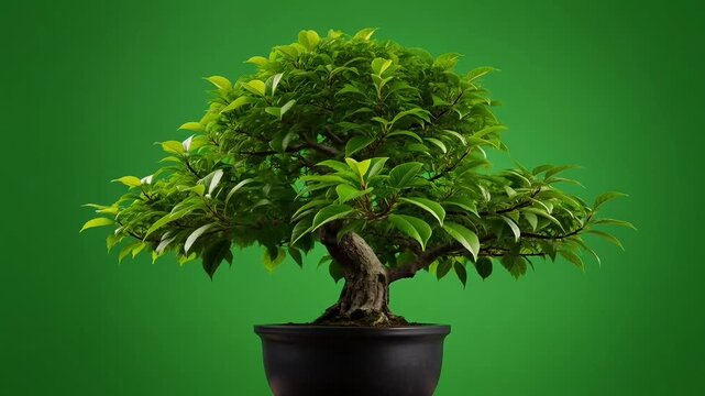 Beautiful bonsai tree in a black pot on green background