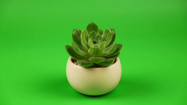 Succulent plant in white pot on green background for decoration