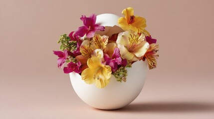 Floral arrangement in cracked eggshell on soft pink background