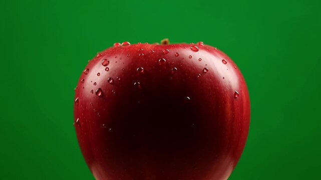 Fresh red apple with water droplets on green background