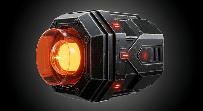 Aparato futurista con cabezal naranja y cuerpo negro