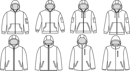 Collection of Men Performance Outerwear Vector Technical Sketches Featuring Zip Up Hoodies Fleece Jackets and Parkas for Fashion Apparel Design © MDANWORUL