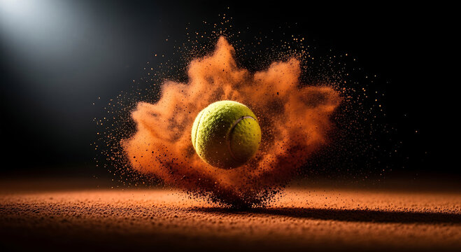 Pelota de tenis sobre l&iacute;nea de pista de arcilla con iluminaci&oacute;n dram&aacute;tica