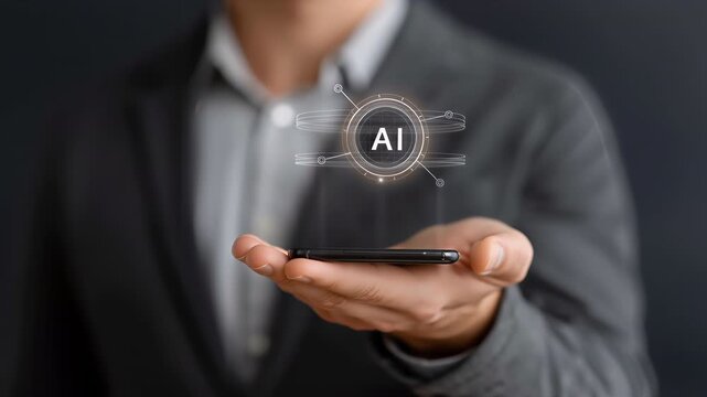 businessman holding smartphone with artificial intelligence hologram interface concept