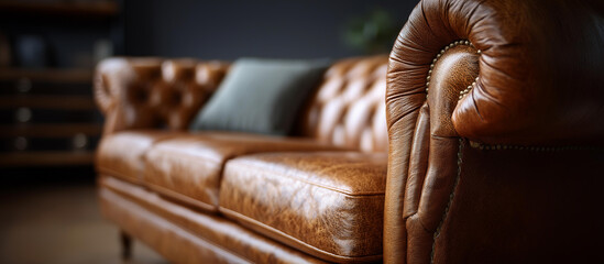 Obraz premium Home interior design element close up detail of button tufted leather sofa texture upholstery pattern furniture detail quality craftsmanship luxurious material rich texture