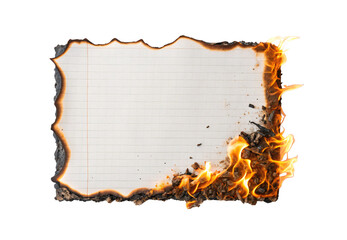 Lined notebook page burning fire flames right side