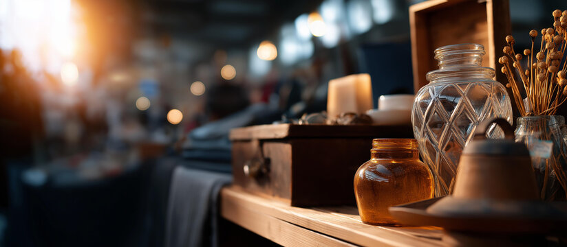 Collection of pre loved household items at flea market or thrift store secondhand goods vintage objects sustainable shopping recycled items natural lighting defocused market