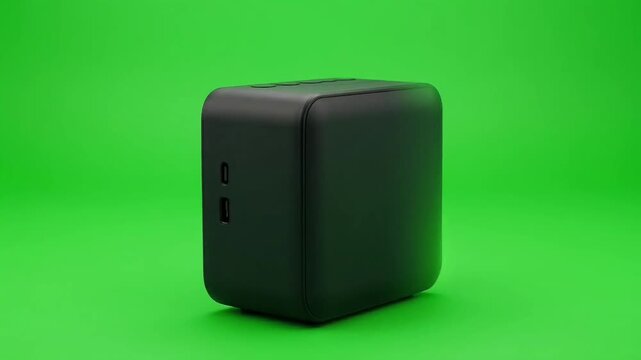 Modern black wireless speaker on green background