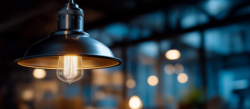 Minimalistic lamp in loft style with blurred background industrial lighting modern design contemporary fixture dramatic black background atmospheric lighting heavily