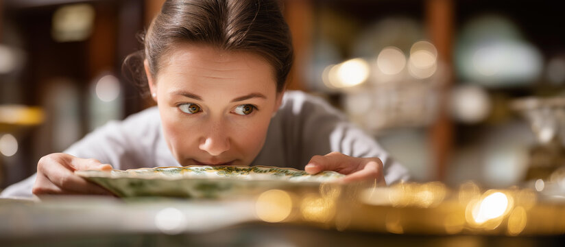 Faceless woman inspecting underside of antique plate to identify maker's marks collector examination vintage dishware authentication process hands close up defocused antique