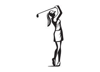women's golf players logo silhouette vector, golf player golfer swinging silhouette, playing golf swing pose logo silhouette, golf player plying golf logo vector silhouette on white background