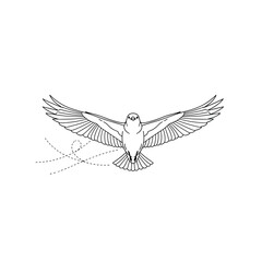 Fototapeta premium Minimalist line art illustration of a bird in flight with outstretched wings and dotted flight path
