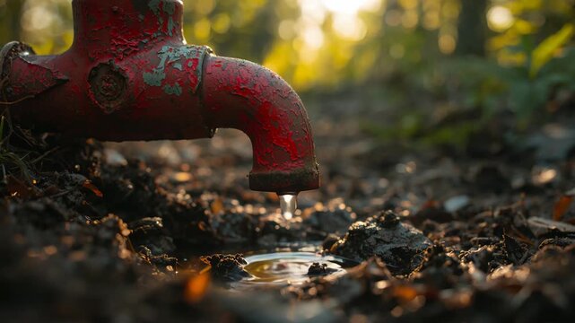 Rusty outdoor water tap dripping onto gravel surface with shallow depth of field closeup view