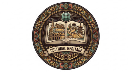 Vibrant cultural heritage emblem with ornate book globe and laurel wreath on a decorative background