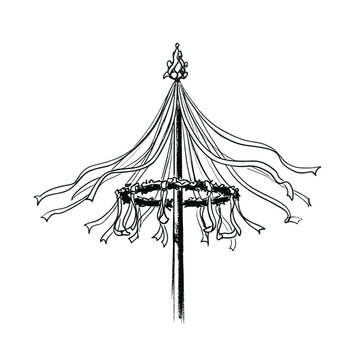 Hand-drawn illustration of a maypole with flowing ribbons and a decorative top