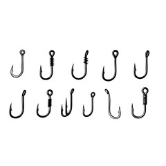 Collection of various black fishing hooks displayed on a white background