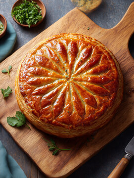 Golden brown savory pithivier pastry on wooden board