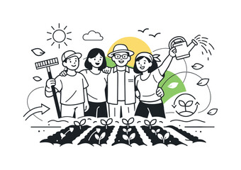 Obraz premium Growing Together Outdoors. A cheerful group standing proudly beside freshly planted rows, one person holding a