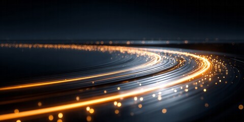Fototapeta premium Brilliant golden light streaks flow dynamically along dark, curving pathways in a futuristic environment.