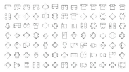 Modern home layout blueprint featuring diverse furniture icons including sofas, chairs, tables, cabinets, and bedroom furnishings in clean outline style. © prarthana