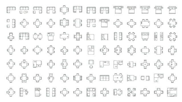 Modern home layout blueprint featuring diverse furniture icons including sofas, chairs, tables, cabinets, and bedroom furnishings in clean outline style.