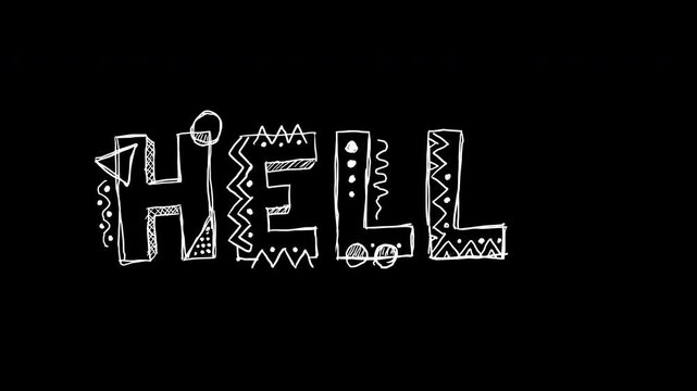 4K animated video featuring hand-drawn doodle typography of the word hello in white line art with internal and external geometric patterns. This playful sketch style animated text overlay is isolated 