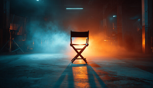 an empty film director's chair stands in the center of an industrial warehouse, illuminated by spotlights and surrounded by smoke.