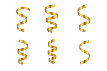 Six metallic gold curled ribbons in various spiral shapes on a transparent background, glossy decorative streamers for party and celebration design
