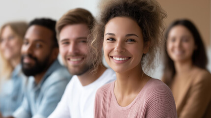 Fototapeta premium Cheerful group of young adults in casual attire sitting together, bright environment showcasing community and engagement, social connection gathering, defocused background, with co
