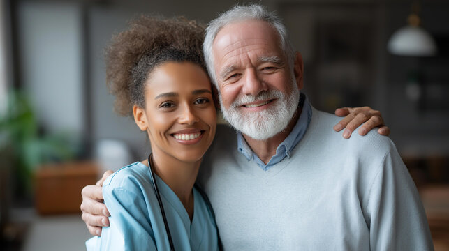 Smiling nurse hugging with grey-haired man standing in room, healthcare compassion display, elderly patient care, geriatric nursing affection, defocused interior background, with c