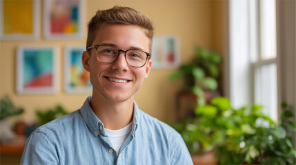 Fototapeta premium Young man with glasses smiling in bright room, surrounded by greenery and colorful artwork on wall, positive mental health environment, cheerful therapeutic space, defocused backgr