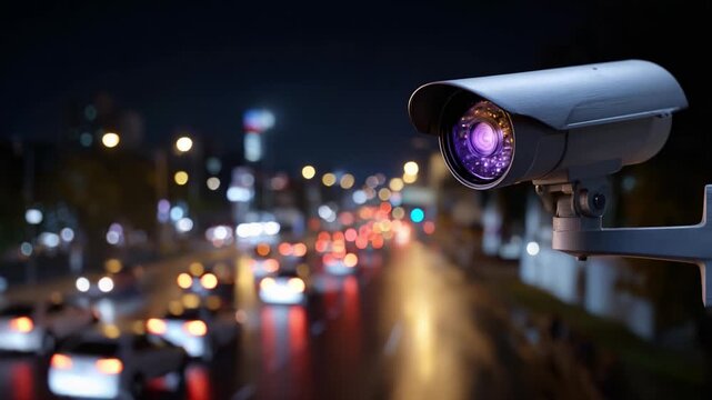 Surveillance Camera Overlooking a Busy Urban Street at Night, Capturing Motion and Light Patterns Created by Moving Vehicles and City Lights in the Background, Highlighting Modern Security Measures