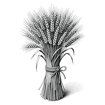 Vintage illustration of a tied bundle of wheat stalks with a bow, rendered in black and white