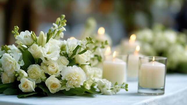 Funeral white flowers and white candles near memorial outdoors close-up, tribute floral arrangement, condolence display, remembrance illumination, bereavement scene, defocused back