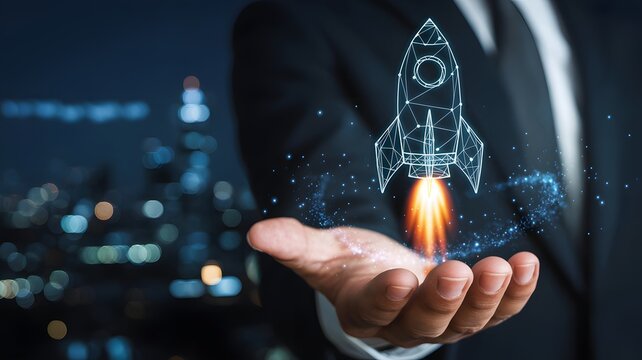Startup launch and business growth concept, digital rocket taking off from businessman hand, innovation, success, acceleration, futuristic technology illustration