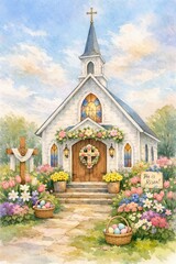Easter Watercolor Painting (140) of church decorated with flowers and eggs. Spring Christian holiday celebration. Vertical