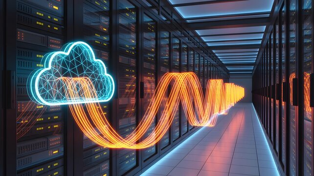 Cloud computing data flow concept, glowing cloud icon with dynamic analytics wave in server room, digital infrastructure, big data processing, modern technology illustration