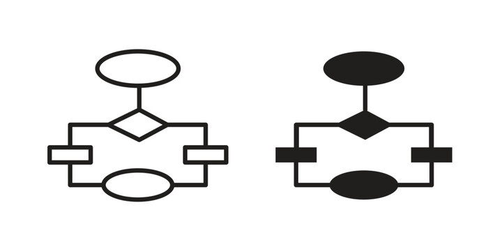 Flowchart icon in a simple, black and white style.